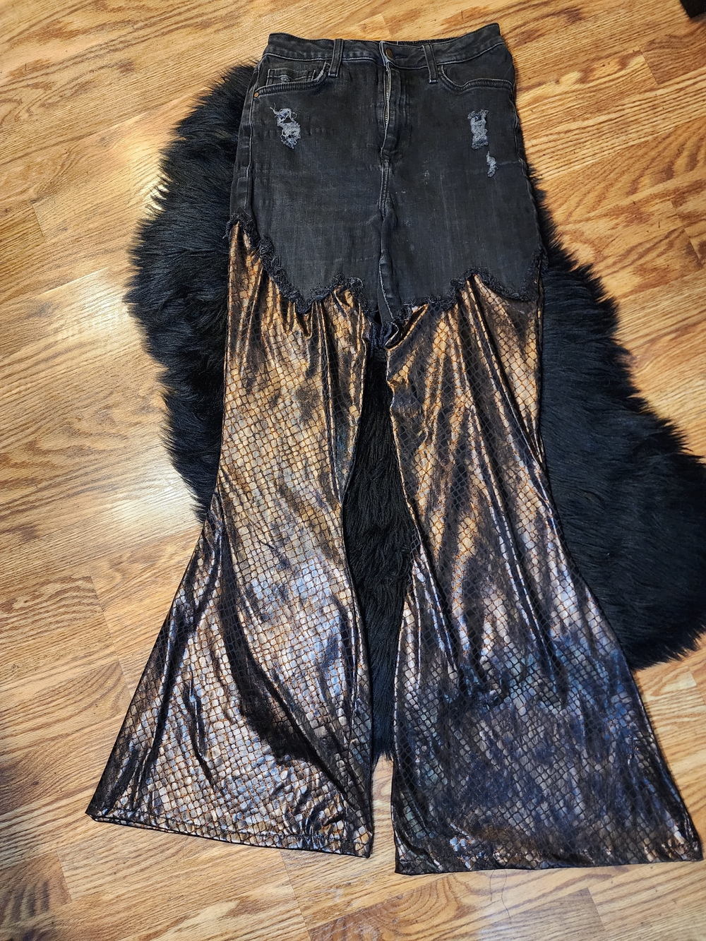 DIY Flares With Black Distressed Denim Uppers And Snake-Print Flared Bottoms